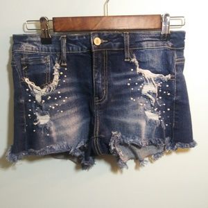 Kancan Beaded Distressed Denim Shorts